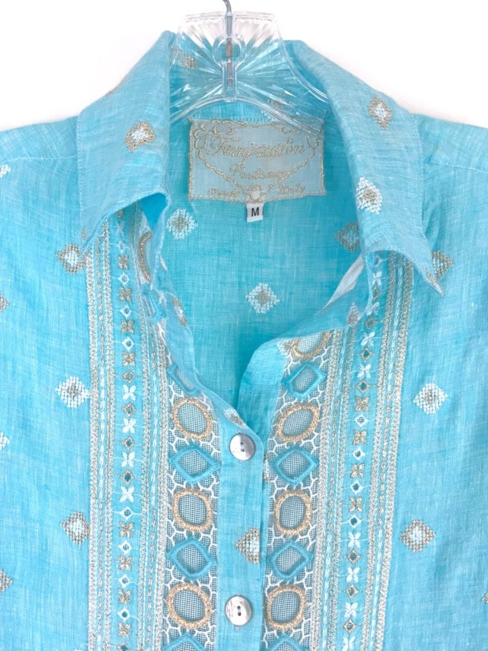 Temptation Positano Blue Straight Cut Embroidered Bohemian Linen Blouse Sz M - Picture 4 of 16